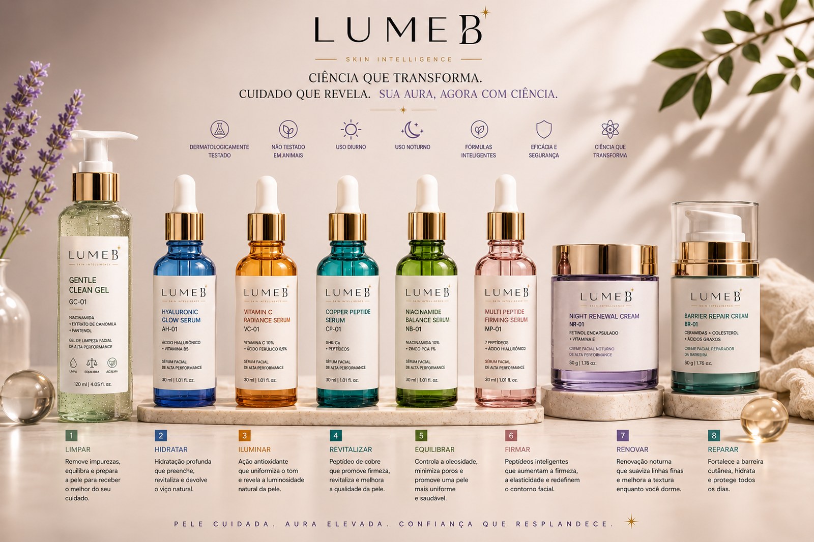 A linha completa LumeB Skin Intelligence — 8 produtos numerados: GC-01 Gentle Clean, AH-01 Hyaluronic Glow, VC-01 Vitamin C, CP-01 Copper Peptide, NB-01 Niacinamide Balance, MP-01 Multi Peptide Firming, NR-01 Night Renewal, BR-01 Barrier Repair