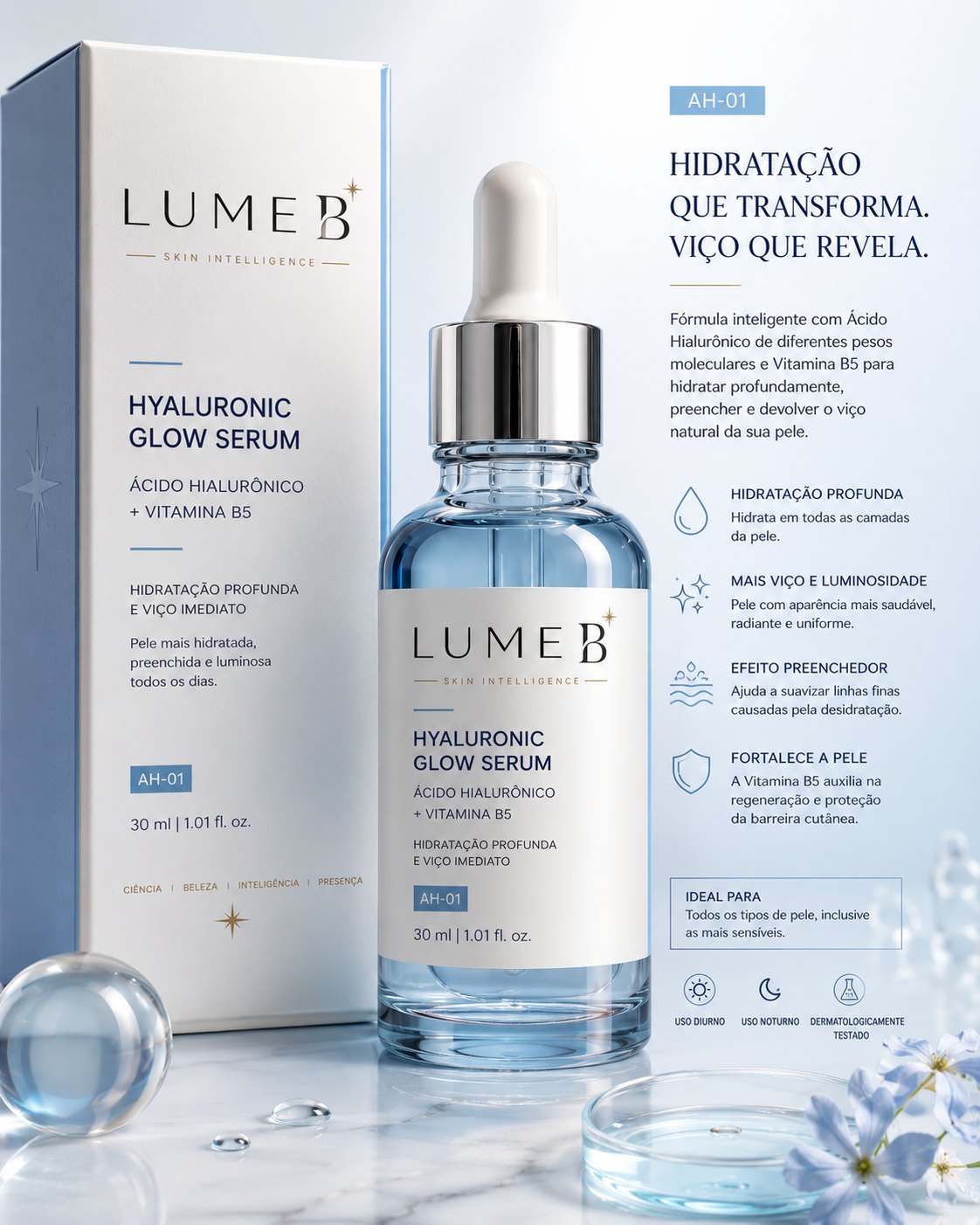 Ficha completa do AH-01 LumeB — ativos, benefícios e ritual de uso