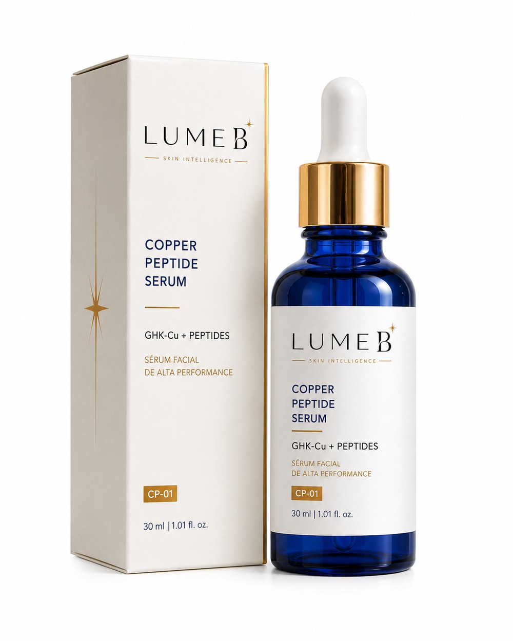 LumeB Copper Peptide Serum CP-01 — frasco airless azul cobalto 30ml com caixa premium e benefícios