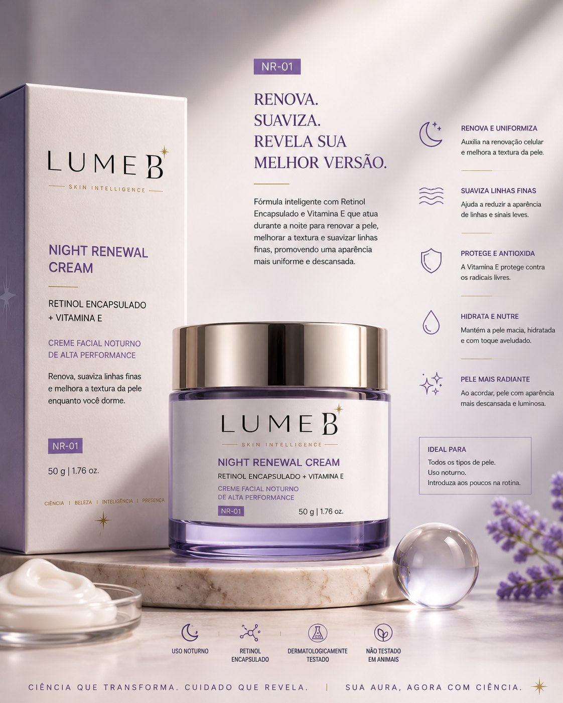 Ficha completa do NR-01 LumeB — ativos, benefícios e ritual de uso