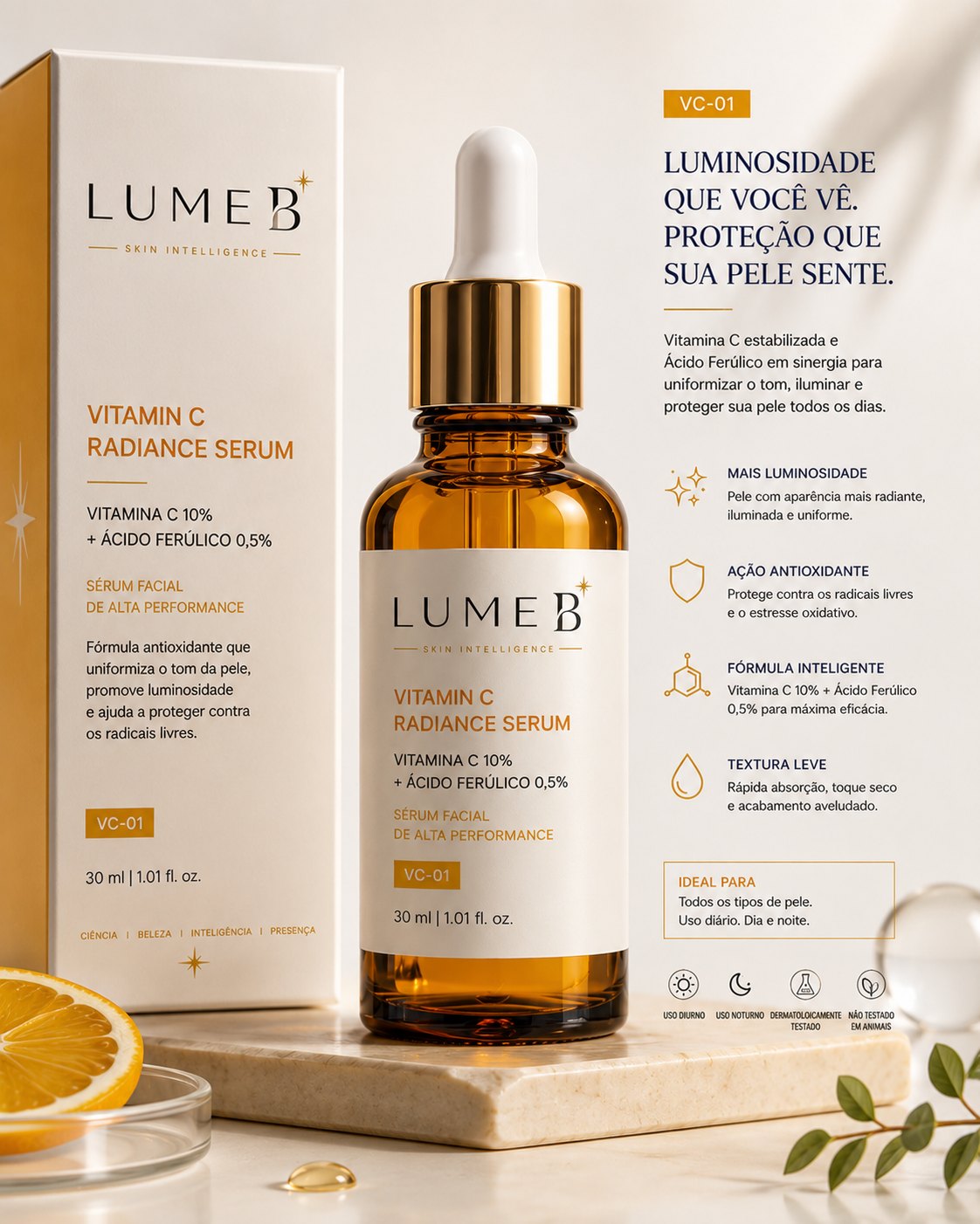 Ficha completa do VC-01 LumeB — ativos, benefícios e ritual de uso