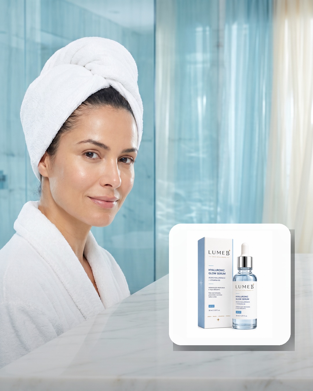 Hyaluronic Glow Serum LumeB em ritual de uso