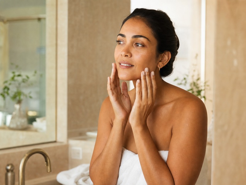 Mulher em ritual de limpeza facial